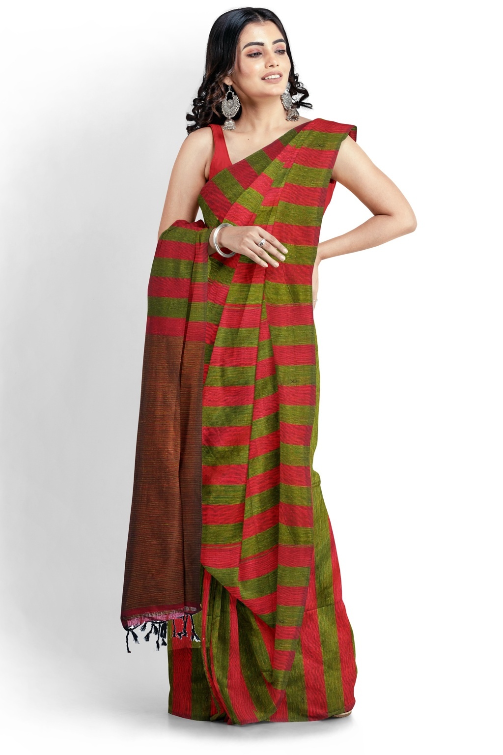 Red Green Pure Cotton Tejal Hand Loom Saree (1200)